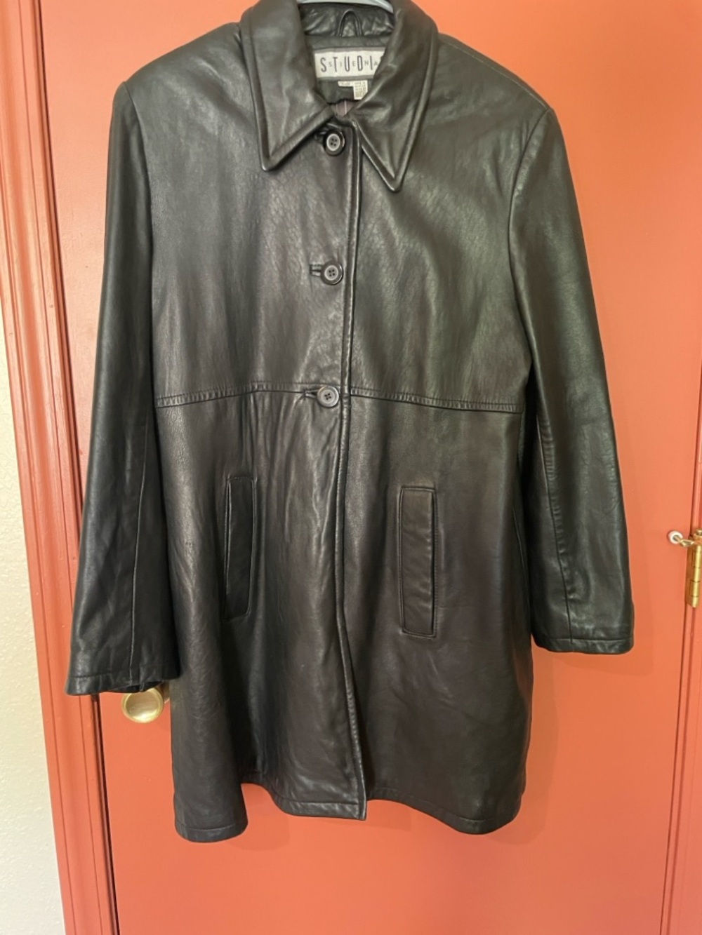 *Rare* Studio Vintage Black Leather Button-Front Trench Coat